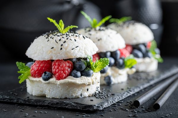 Delicious sush burger with berries and sesame as Japanese desser